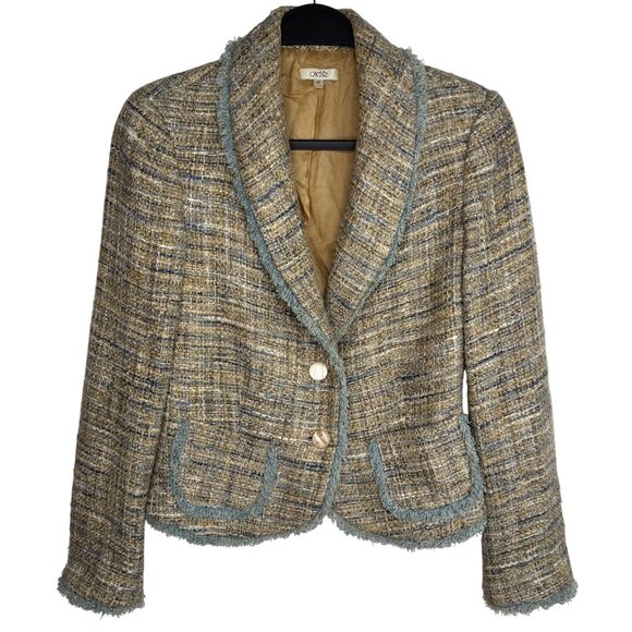 Cache Jackets & Blazers - Vintage Cache Luxury Office Beige Single Breasted Tweed Blazer Sz 4 Fringe Trim